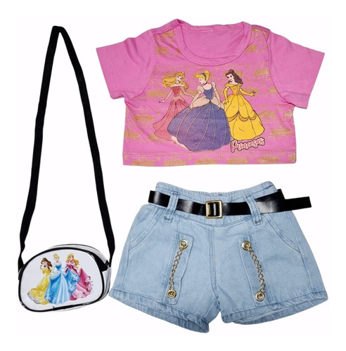 Conjunto Croped Mini Diva Com Bolsinha Princesas Jeans