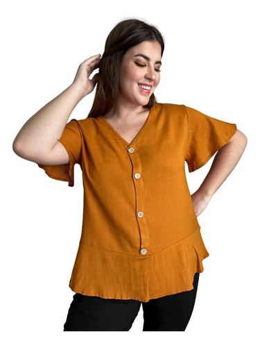 Imagen 1 de 6 de Blusa De Lino Con Botones Mujer Talle Grande.