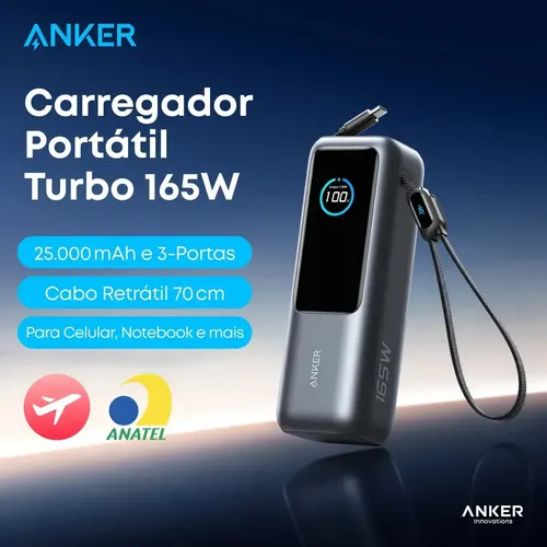Cargador Portátil Power Bank Anker Laptop, 25000mAh 165W, 3 Puertos USB-C, Pantalla Inteligente, Carga Rápida para Mac, Dell XPS, ThinkPad, iPhone, iPad, Samsung y Más, para Viajes y Trabajo