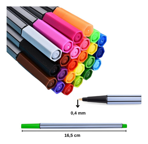 Kit Canetas Fine Line 12 Cores 0.4mm Ponta Fina Precisa Amarelo Colorido