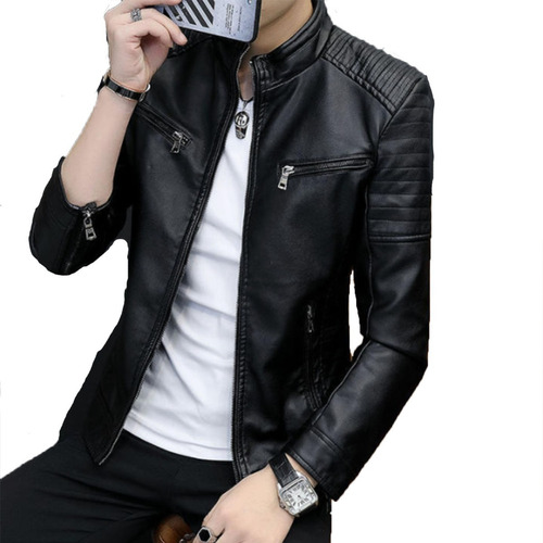 .. Chaqueta De Hombre Piel Slim Fit Moda Biker