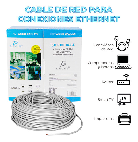 Bobina 100m Cable Red Utp Cat 5e Rj-45 Cober T3060 Ele-Gate