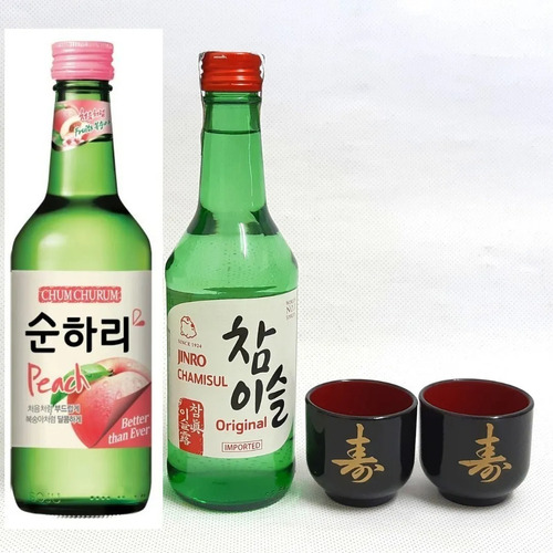 2 Bebida Coreana Soju Original E Sabor Ameixa/pessego +2copo