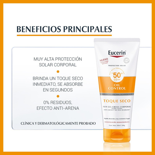 Imagen 2 de 5 de Eucerin Sun Toque Seco Fps 50 Corporal Tubo X 200 Ml