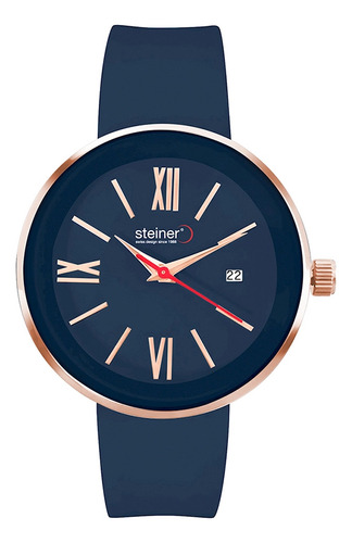 Reloj Para Mujer Números Romanos Steiner Con Fechador 37 Mm Correa Azul Bisel Oro Rosa Fondo Azul