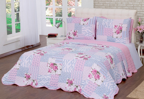 Cobre Leito Gardem Patchwork Queen Size 3pçs Cor Rosa