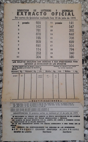 Extracto Oficial Sorteo Quiniela 1974 Direc Nacional Loteria