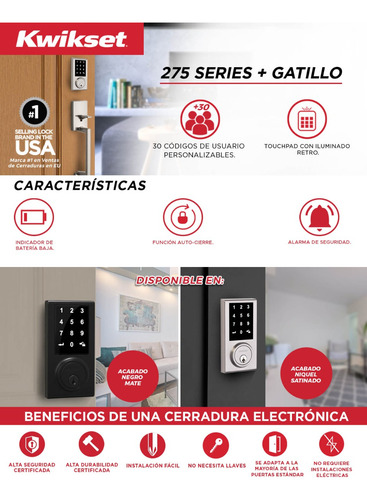Cerradura Electrónica Digital Kwikset 92750-001 Níquel