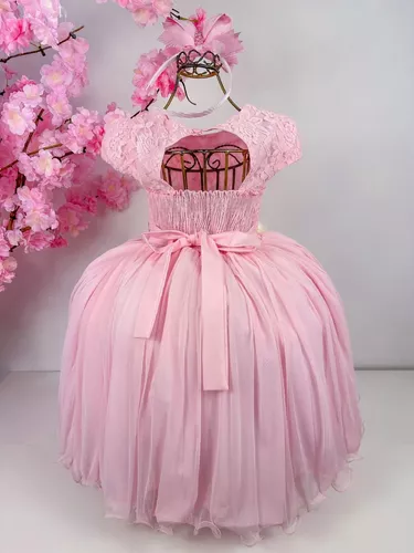 Vestido Infantil Rosa C/ Renda de Borboletas Dama Princesas