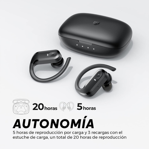 Imagen 7 de 10 de Auriculares Inalámbricos Deportivos S5 Soundpeats Negro - Bluetooth 5.0, Aletas de sujeción, Control táctil, 20 horas de carga en estuche, Impermeabilidad IPX7