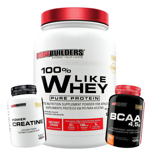 Kit 100% Like Whey Protein 900g + Bcaa 100g + Creatina 100g Sabor Chocolate