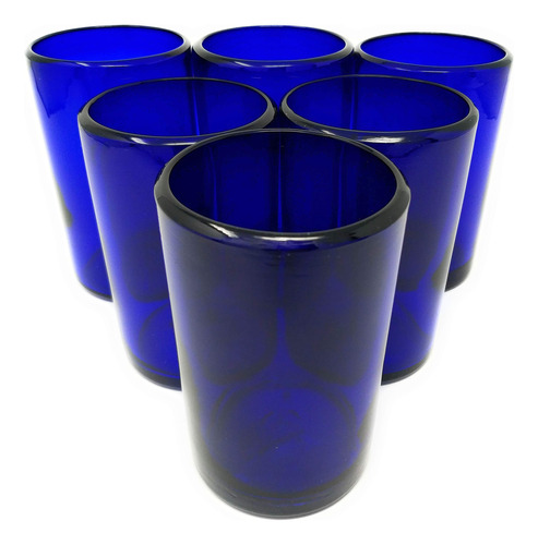 Vaso Mexicano Soplado Mano Juego 6 Agua Cobalto 14 Onza Cada