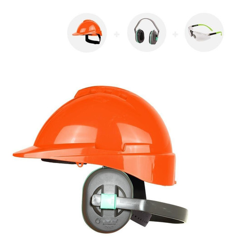 Casco Naranja Libus Con Protector Auditivo Lentes De Regalo