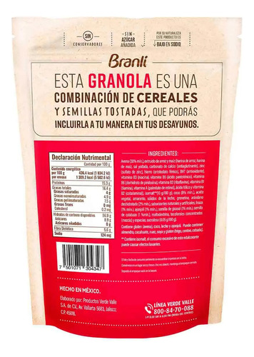 Granola Branli Sin AzĂșcar 5 Semillas 300g