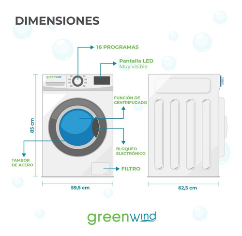 Lavarropas Automático Inverter Greenwind 10.5kg Frontal Color Blanco