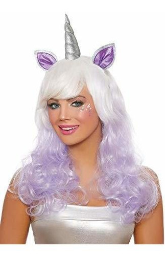 Peluca Unicornio Con Cuerno Y Orejas Glitter, Blanco/lila