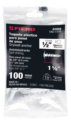 Taquete Plastico 1/2´ Autotaladrante Para Yeso 100pz 42008