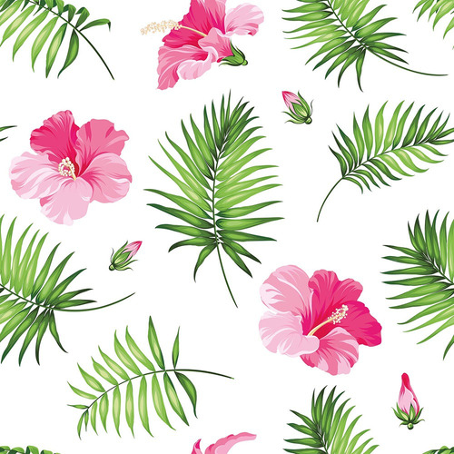 Papel De Parede Floral Hibisco Rosa E Folhas Tropicais 12m