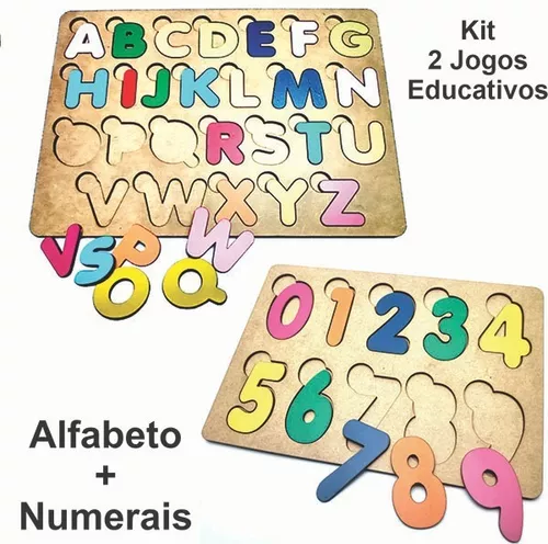 kit 2 Quebra Cabeças Alfabeto e Números Educativo Pedagógico Alfabetização  em MDF