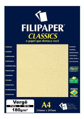 Papel Vergê A4 Filipaper Classics 180g 50 Folhas Palha