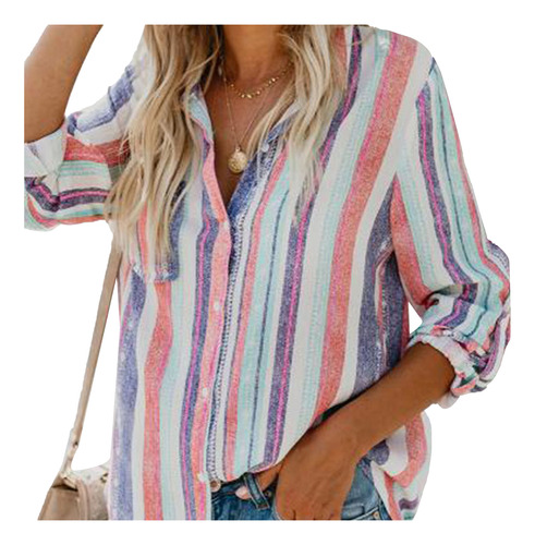 Blusas A Rayas, Camisa Vertical Con Solapa, Manga Larga, Par