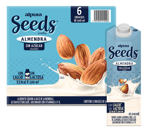 Alpura Seeds Almendra Sin Azúcar Añadida 6 Pack De 946 Ml