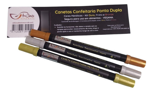 Caneta Alimentícia | Kit Trio Metálico Ouro, Prata E Bronze