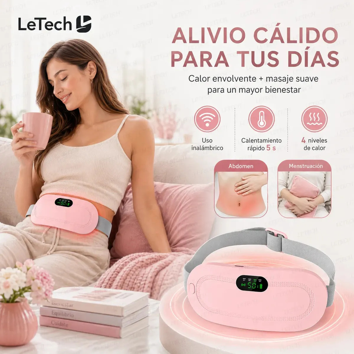 Almohadilla Eléctrica LeTech para Cólicos Menstruales con Calor y Masaje – Rosa