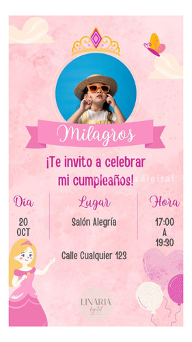 Tarjeta Invitación Digital Cumpleaños Infantil Princesa