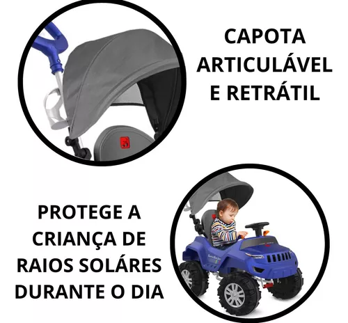 Carrinho Super Banjipe Reclinável com Capota Passeio & Pedal Preto  Quadriciclo Infantil Veículo com Cinto Empurrador