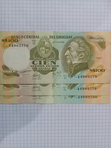Billetes 100 Nuevos Pesos Uruguay Lote X 3 Consecutivos