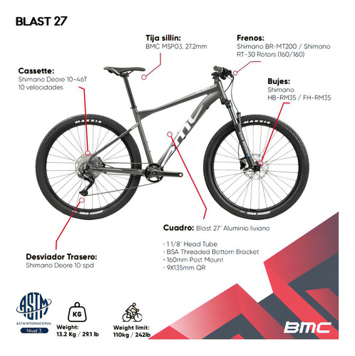 Montain Bike Bmc Profesional Blast 27 R27.5 Shimano Deore Color Gris Antracita Tamaño Del Cuadro M