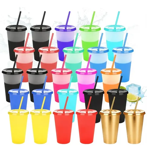 26pzs Vasos Magicos Cambian De Color Con Tapa Y Popote 710ml