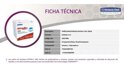 Paños De Limpieza Industrial Reutilizable Wypall X60 (50un.)