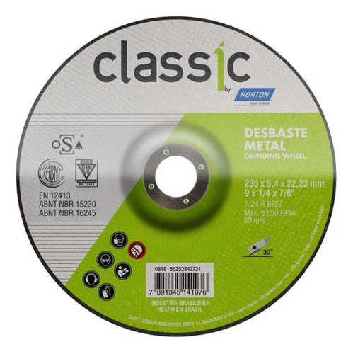 Disco De Desbaste Metal 9 Pol X 6,4 Mm Classic Norton