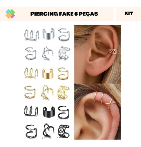 Kit Piercing Falso Aço Cirúrgico 6 Peças Pronta Cor Gold