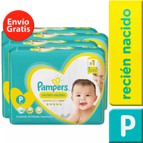 4 Paquete Pañales Pampers Premium Care 144 Unidades Talla P