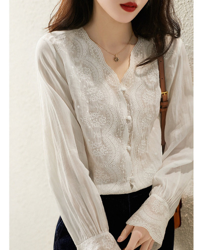 Camisa Francesa Flores Bordadas Encaje Mujer Blusa Cuello V