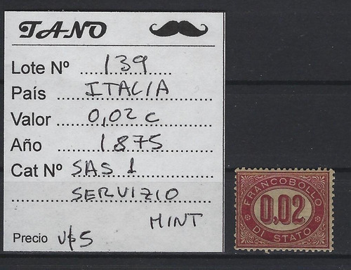 Lote139 Italia 0.02 Centesimi Año 1875 Serv. Sassone#1 Mint