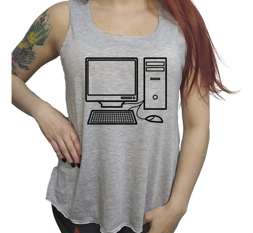 Musculosa Dama Computadora Blanco Negro Pantalla Led