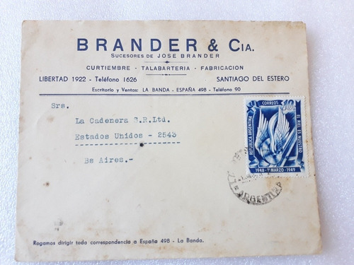 Sobre Con Estampilla Negocio De Santiago Del Estero Año 1949