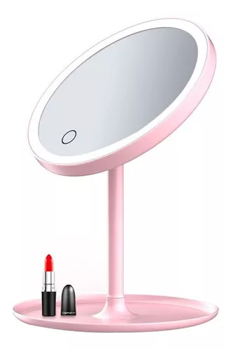 Espejo Maquillaje Luz Led Touch Usb Regulable Con Base Rosa