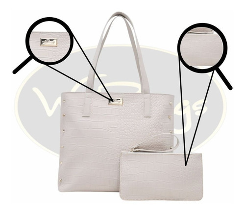 Bolsa Feminina De Ombro Croco Estilo Sacola + Nécessaire Cor Branco