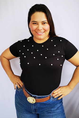 Blusa Negra  Dama Moda Camiseta Decorada Con Perlas 