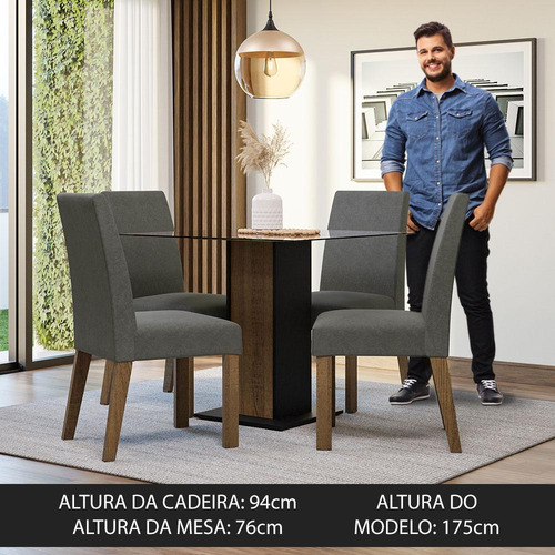 Sala Jantar Mesa Tampo Vidro 4 Cadeiras Ivy Madesa R/p Cor Rustic/Preto/Silver