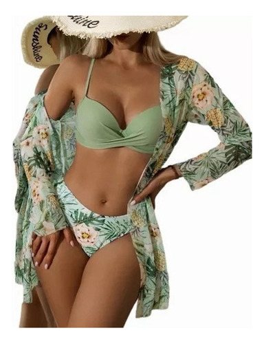 Conjunto De Pareo Playa De Kimono + Bikini Floral Para Mujer