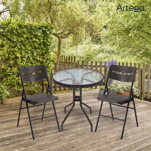 Mesa Circular De Vidrio Color Café Obscuro De 60cm + 2 Sillas De Plástico Hdpe Acabado Tipo Madera Para Exteriores Para Jardín Balcón Terraza Estructura De Acero Reforzado