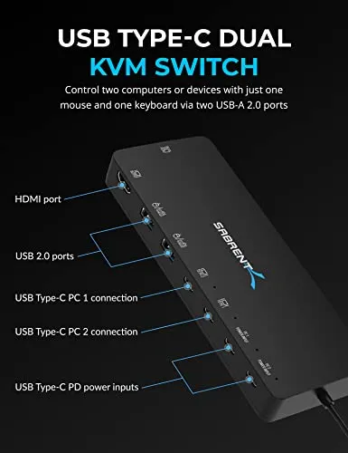 Conmutador Kvm Dual Sabrent Usb Tipo C Con Suministro De Ene