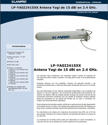 Imagen 3 de 8 de Antena Wifi Largo Alcance 2.4 Ghz Lanpro Lp Yagi2415 15 Dbi