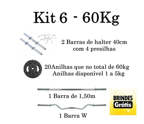 Kit Musculação 2 Barra Halter 40cm + 60kg Anilhas